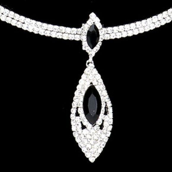Black Marquise Stone Accented Rhinestone Choker Necklace Set - Picture 3 of 7
